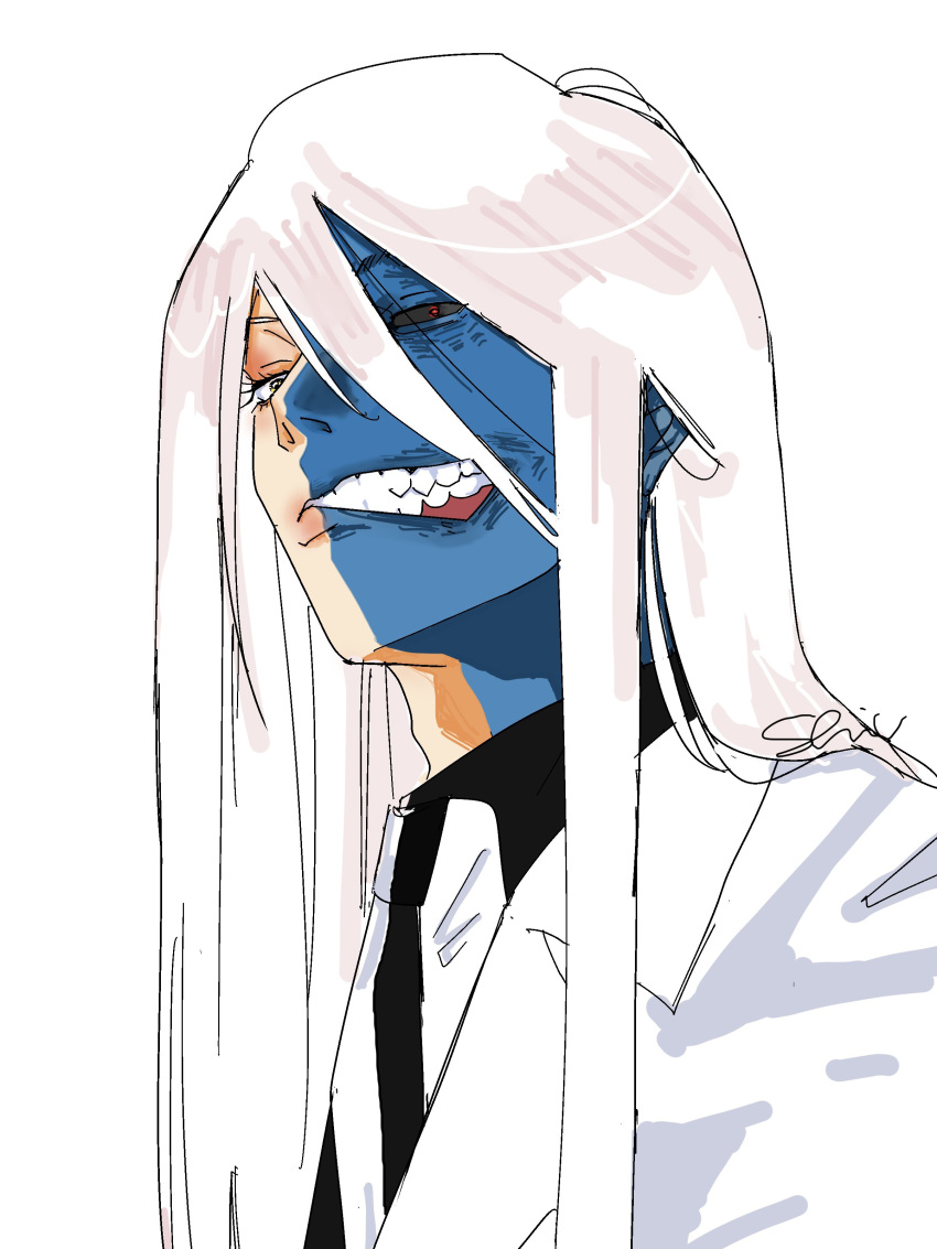 1boy, absolute_batman, absolute_dc, absurdres, aratashibuya, black_sclera, black_shirt, colored_sclera, dc_comics, hair_between_eyes, harvey_dent, hetero, highres, jacket, long_hair, looking_at_viewer, male_focus, mismatched_sclera, portrait, red_eyes, shirt, simple_background, solo, two-face, two-face_(absolute_dc), white_background, white_eyes, white_hair, white_jacket