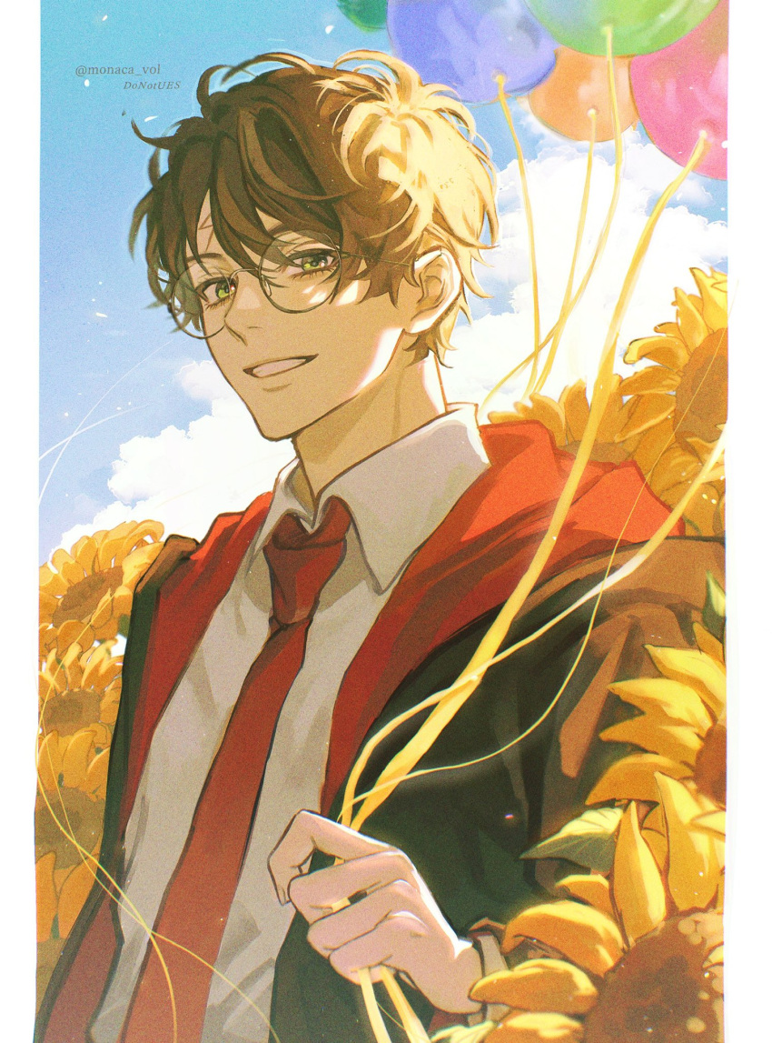 1boy, balloon, black_robe, border, brown_hair, collared_shirt, commentary_request, field