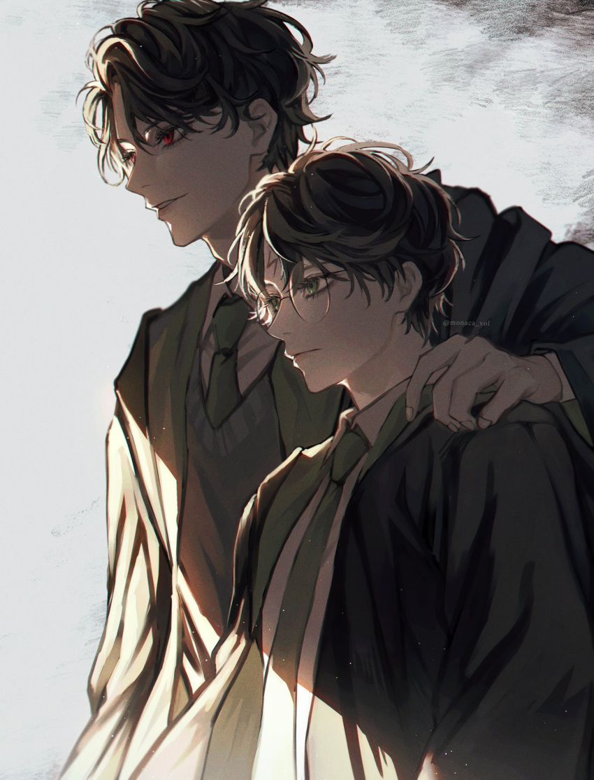 2boys, arm_around_shoulder, black_hair, black_robe, closed_mouth, collared_shirt, commentary_request, glasses