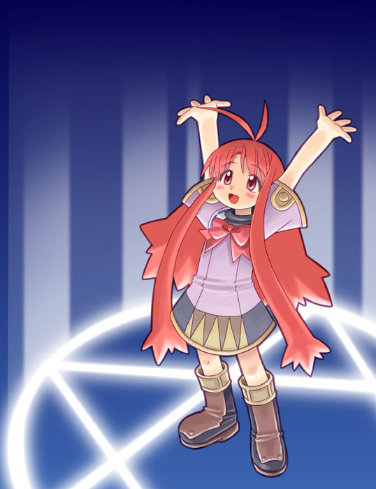 1girl, antenna_hair, arms_up, blue_dress, boots, bow, bowtie, brown_boots
