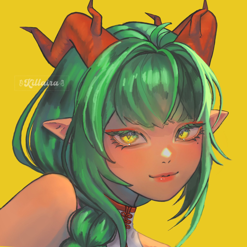 1girl, artist_name, bare_shoulders, braid, chinese_clothes, dragon, dragon_girl, dragon_horns, eastern_dragon, eastern_dragon_horns, green_hair, highres, horns, killaira, long_hair, mei-ling_draco, neobaka, pointy_ears, shirt, single_braid, sleeveless, sleeveless_shirt, slit_pupils, virtual_youtuber, yellow_eyes