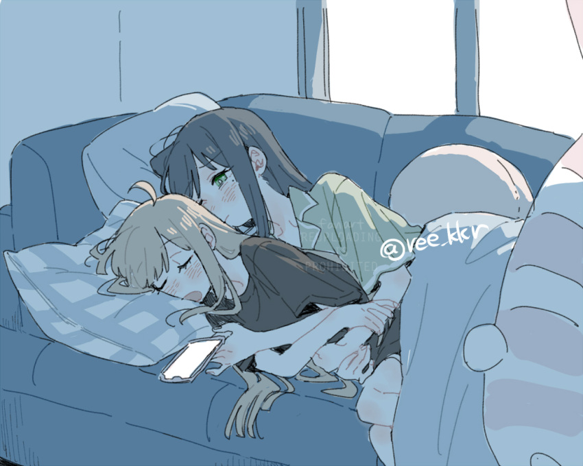 2girls, black_shirt, blonde_hair, blush, cellphone, cho_kaguya-hime!, closed_eyes, closed_mouth