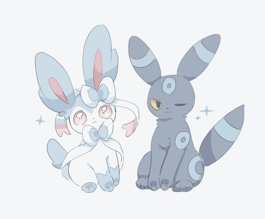 alternate_color, black_eyes, colored_sclera, full_body, gur1, highres, no_humans, one_eye_closed, pink_eyes, pokemon, pokemon_(creature), pokemon_focus, shiny_pokemon, simple_background, sitting, smile, sparkle, sylveon, umbreon, white_background, yellow_sclera