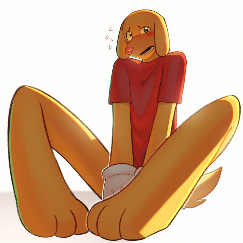 1boy, animal_ears, blush, commentary, covering_crotch, covering_privates, dog_boy, dog_ears