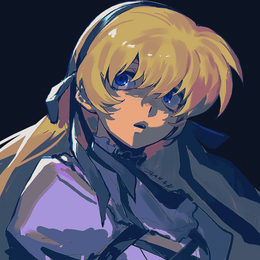 1girl, black_background, black_hairband, black_ribbon, blonde_hair, blue_eyes, commentary_request, dated