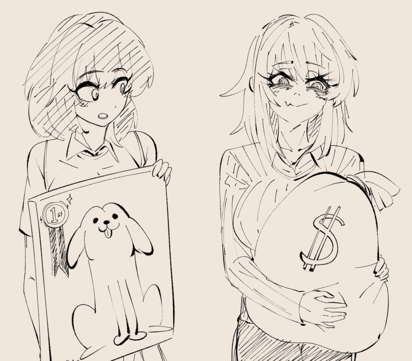 2girls, :o, bag, breasts, commentary, drawegg, elise_(nhim), english_commentary, fang, highres, holding, holding_bag, large_breasts, lineart, long_sleeves, looking_at_another, looking_down, medal, mimi_(nhim), money_bag, monochrome, multiple_girls, original, painting_(object), parted_lips, ribbed_sweater, simple_background, skin_fang, smile, standing, sweater, white_background, wing_collar