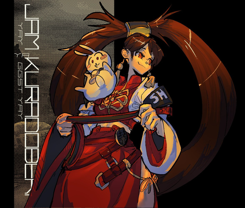 1girl, belt, brown_eyes, brown_hair, chinese_clothes, crop_top, earrings, guilty_gear, guilty_gear_strive, hair_ornament, jewelry, kuradoberi_jam, long_hair, long_skirt, midriff, multiple_belts, pendingshift, side_slit, skirt, smile, smirk, very_long_hair, wide_sleeves