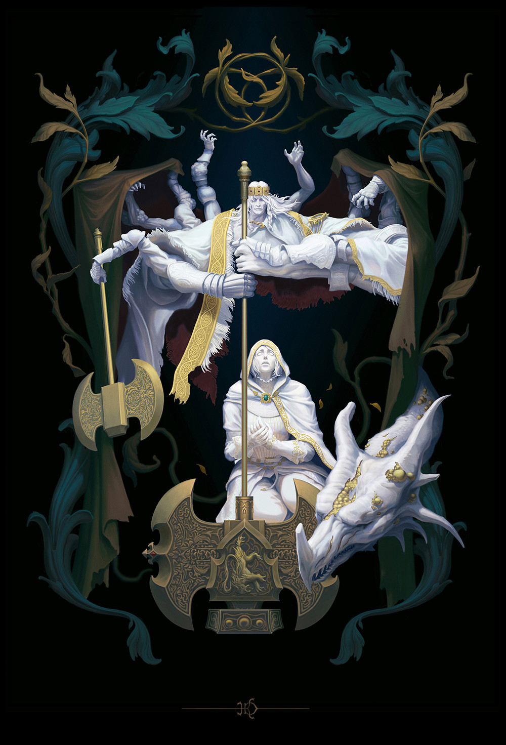 1boy, 1girl, armor, axe, battle_axe, braid, brooch, cape, closed_mouth, commentary, crown, dragon, dragon_horns, dual_wielding, elden_ring, english_commentary, extra_arms, flower, fur_trim, gem, godrick_the_grafted, gold_weapon, green_gem, highres, holding, holding_axe, holding_weapon, hood, hood_up, hooded_cape, horns, jewelry, kneeling, long_hair, looking_at_viewer, medium_hair, ornate_weapon, roderika_(elden_ring), stanton_feng, weapon, white_hair