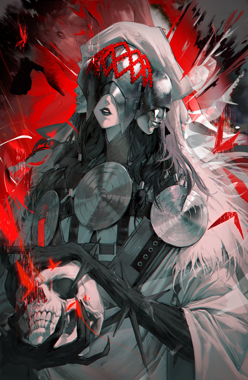 1girl, absurdres, arknights, commentary, covered_eyes, cowboy_shot, greenpie, helmet, highres, holding, holding_skull, skinny, skull, solo, standing, yurodstvo_(arknights)