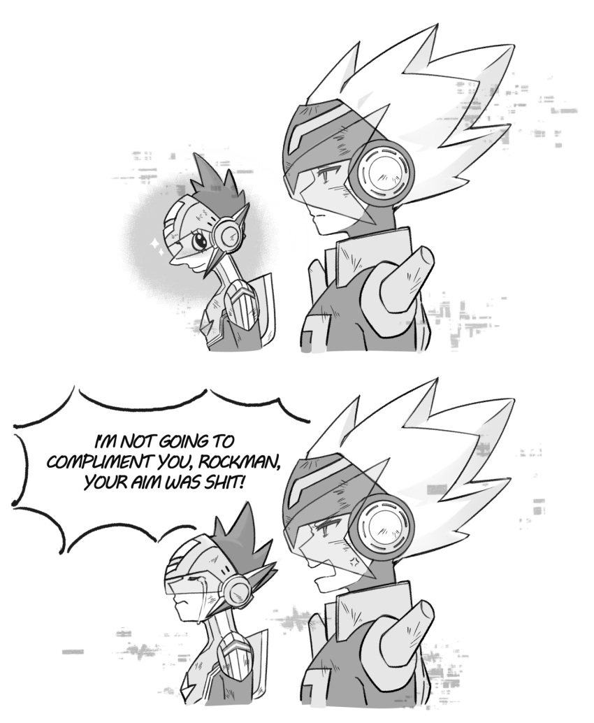 2boys, anger_vein, armor, from_side, geo_stelar_(mega_man), greyscale, helmet, highres