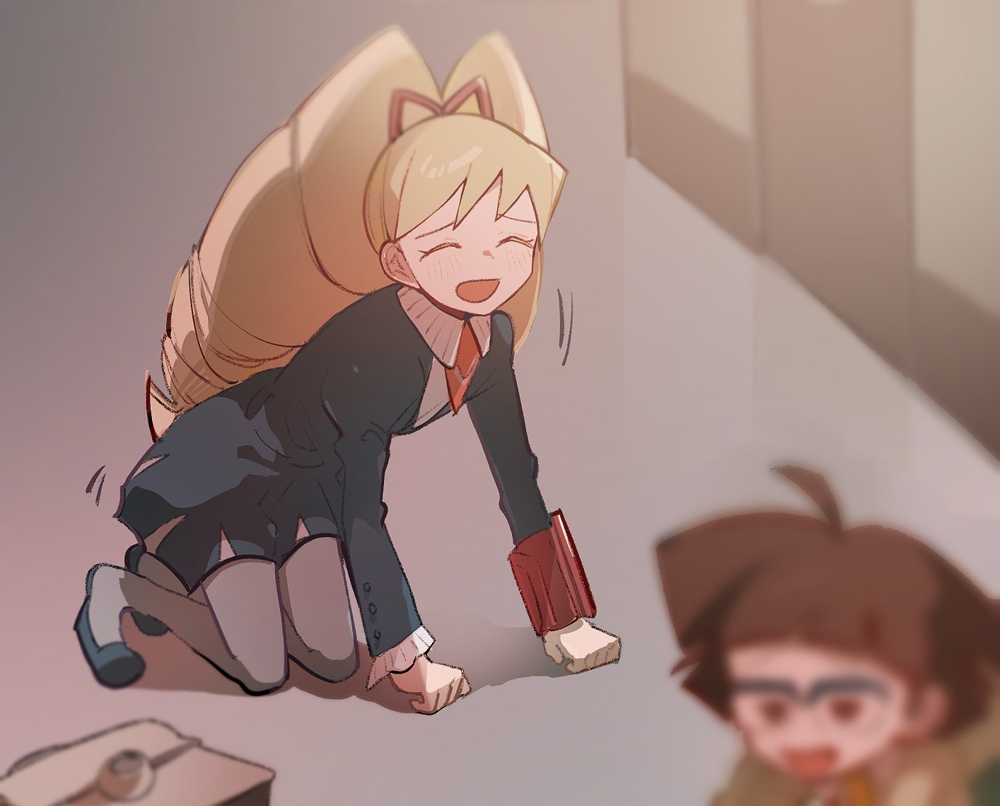1boy, 1girl, all_fours, bag, blonde_hair, blue_dress, blue_pantyhose, blue_shoes, blush, bow, brown_hair, closed_eyes, commentary_request, dress, drill_hair, glasses, hair_bow, long_hair, luna_platz_(mega_man), mega_man_(series), mega_man_star_force_(series), o_bi_ko, open_mouth, pantyhose, school_bag, shoes, smile, twin_drills, very_long_hair, zack_temple_(mega_man)