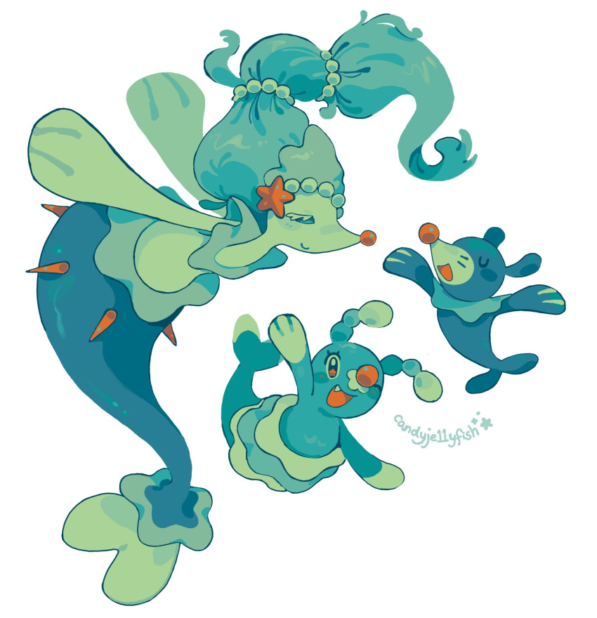 artist_name, blue_hair, brionne, candyje11yfish, closed_eyes, clothed_pokemon, colored_eyelashes, commentary, english_commentary, evolution, evolutionary_line, fang, flippers, furry, gem, hair_ornament, highres, long_hair, merfolk, mermaid, monster_girl, multi-tied_hair, no_humans, open_mouth, pearl_(gemstone), pearl_hair_ornament, pink_nose, pink_pupils, pokemon, pokemon_(creature), pokemon_day, pokemon_focus, pokemon_sm, popplio, primarina, sea_lion, signature, simple_background, smile, snout, starfish_hair_ornament, water_type_theme_(pokemon), whiskers, white_background