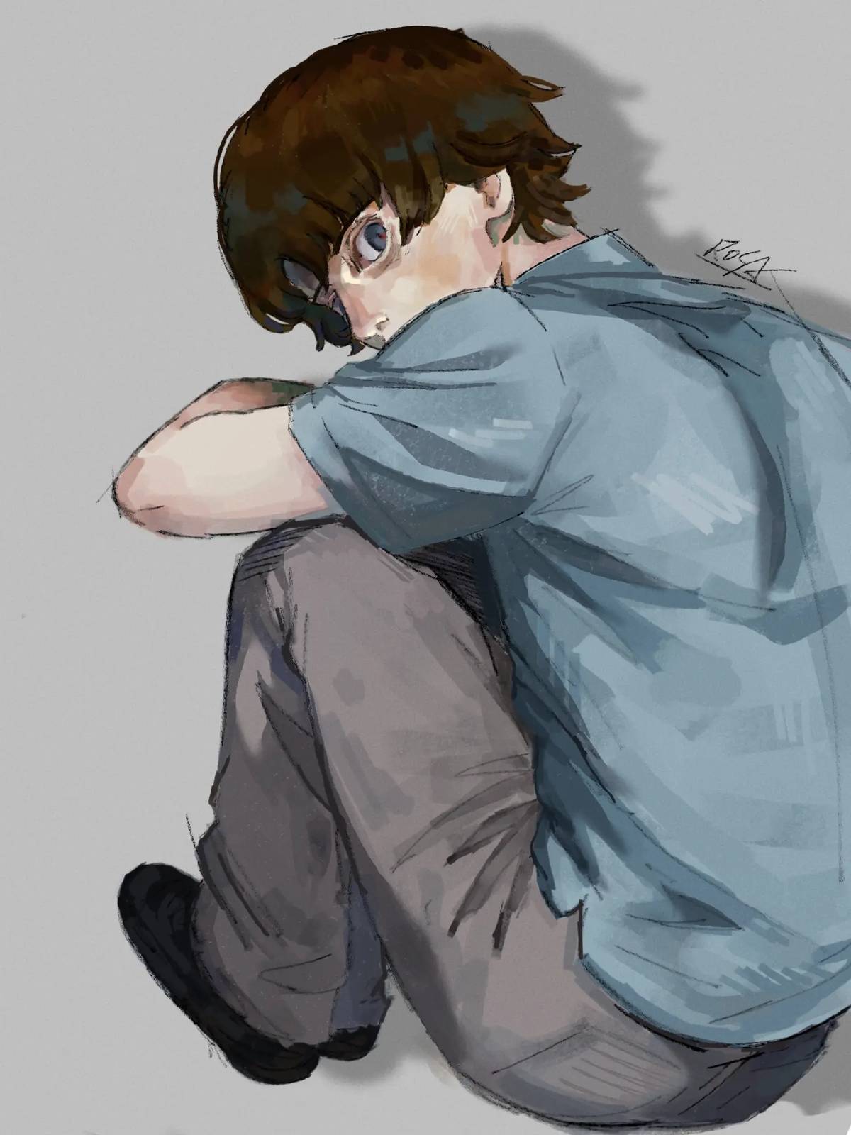 1boy, adam_lanza, bad_source, bags_under_eyes, bare_arms, black_shoes, blue_eyes, blue_shirt