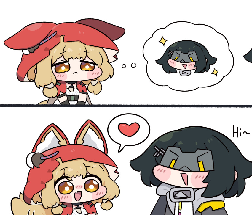 2girls, animal_ears, arknights, arknights:_endfield, bad_id, bad_pixiv_id, beleullin, black_hair, blonde_hair, endministrator_(arknights), female_endministrator_(arknights), heart, highres, multiple_girls, rossi_(arknights), speech_bubble, spoken_heart, tail, thought_bubble, wolf_ears, wolf_girl, wolf_tail