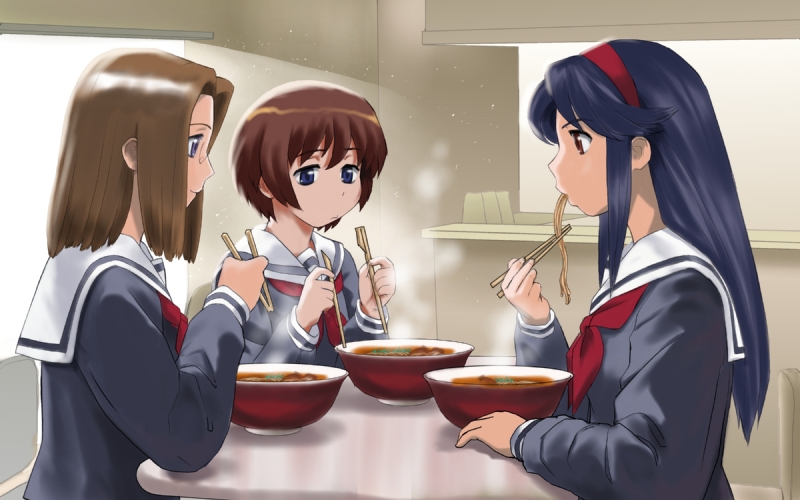 3girls, black_hair, black_serafuku, blue_eyes, bowl, brown_hair, chopsticks, commentary_request