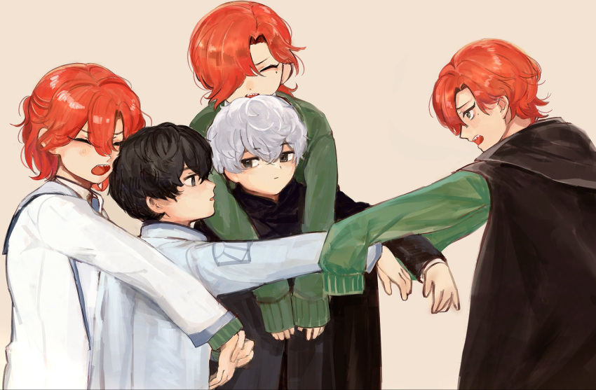 5boys, black_cloak, black_hair, blush, cloak, closed_eyes, derivative_work, dual_persona