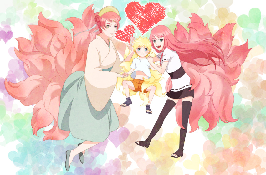 blue_eyes, double_bun, family, flats, fox_tail, hair_ornament, hairclip, happy, heart, highres, jumping, long_hair, multiple_tails, naruto, pink_hair, skirt, smile, spiked_hair, spiky_hair, taicho, tail, thigh-highs, thighhighs, uzumaki_kushina, uzumaki_mito, uzumaki_naruto, yellow_eyes