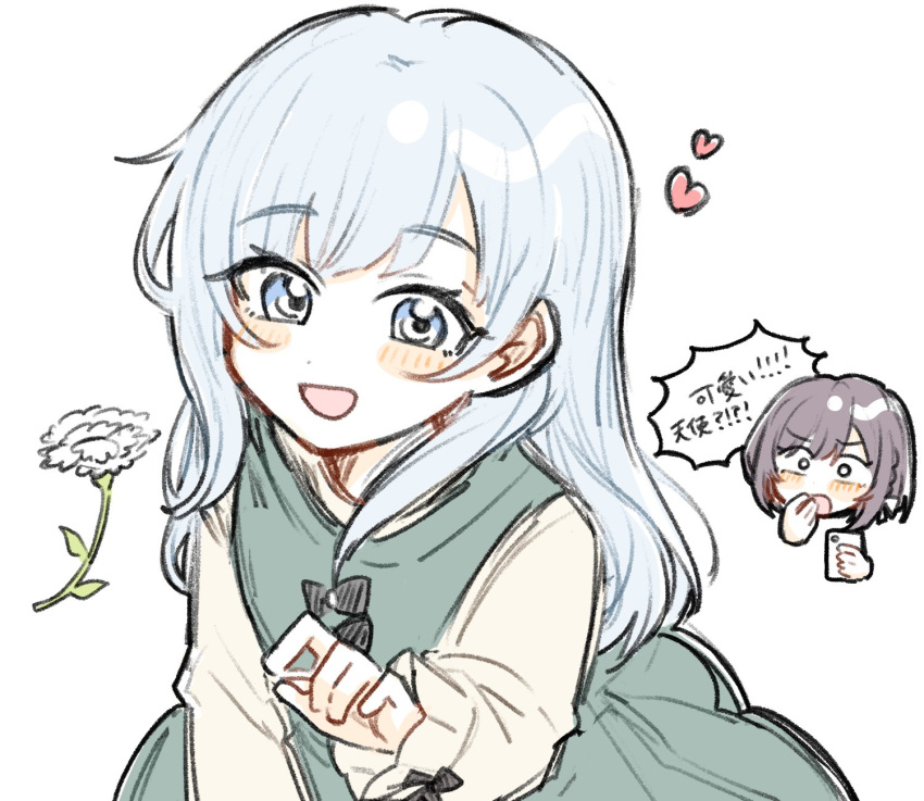2girls, blue_eyes, blush, brown_hair, cellphone, chibi, chibi_inset, commentary_request