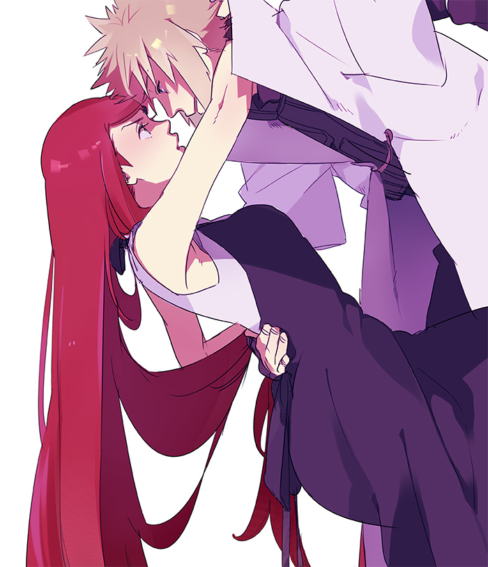 1girl, blonde_hair, cloak, couple, dress, eye_contact, grin, holding, i_(kaiyou), long_hair, looking_at_another, namikaze_minato, naruto, pout, red_hair, redhead, smile, spiked_hair, spiky_hair, uzumaki_kushina, very_long_hair
