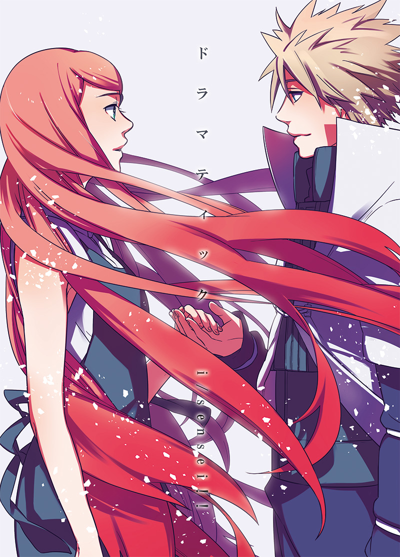 1girl, blonde_hair, cloak, couple, dress, eye_contact, hand_holding, holding_hands