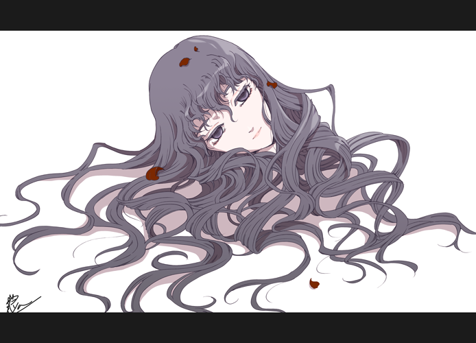 1girl, black_eyes, black_hair, commentary_request, for_elise_-_elise_no_tame_ni, kaname_ryuu, long_hair, petals