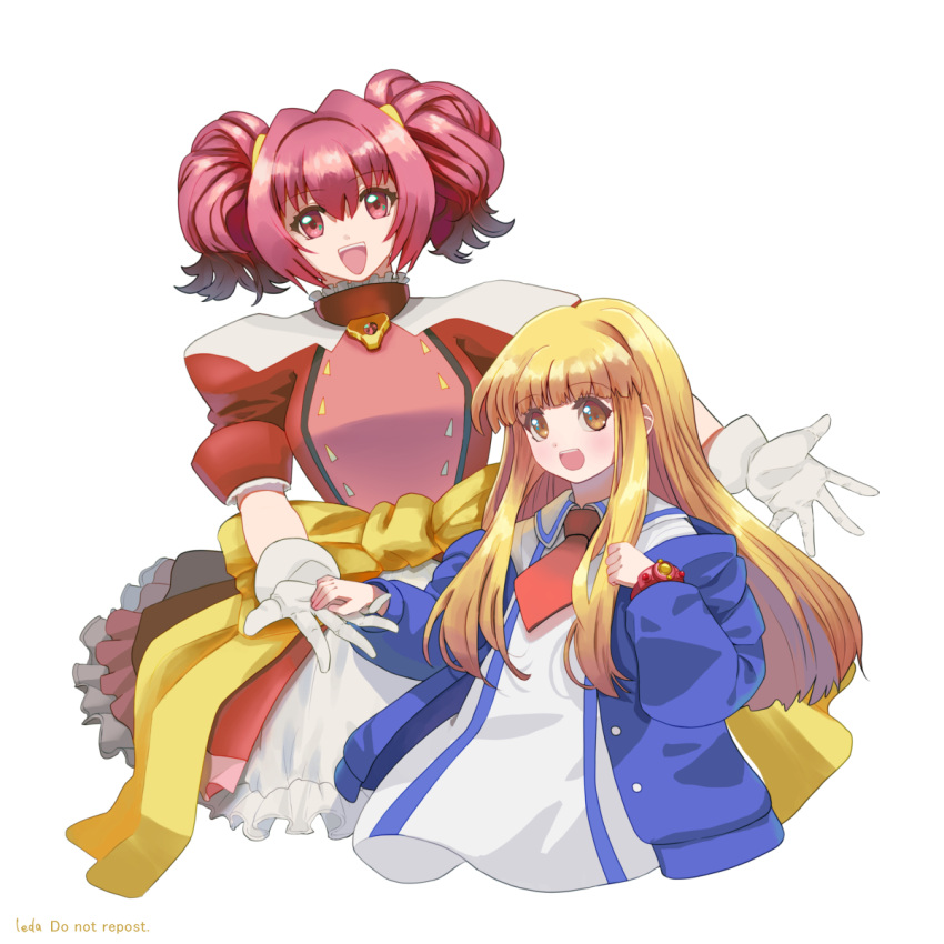 2girls, blonde_hair, blunt_bangs, bracelet, brown_eyes, cardigan, commentary_request, doll_licca, dress, gloves, highres, jewelry, kayama_licca, leda_(pixiv_36624987), licca-chan_(franchise), long_hair, multiple_girls, necktie, pink_eyes, pink_hair, puffy_short_sleeves, puffy_sleeves, red_dress, school_uniform, short_sleeves, smile, super_doll_licca-chan, white_gloves