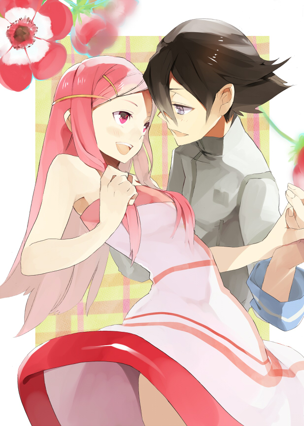 1girl, anemone, anemone_(flower), bare_shoulders, black_hair, couple, dominic_sorel, dress