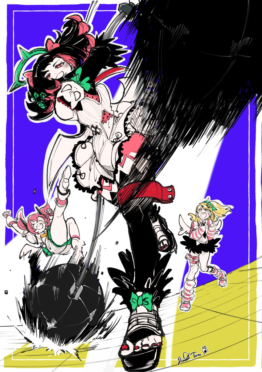 03_kyv, 3girls, angels_of_delusion, aria_(zenless_zone_zero), arm_warmers, black_hair, bow, colored_inner_hair