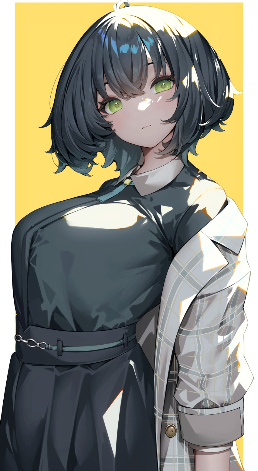 1girl, absurdres, aoi_gorilla, closed_mouth, commentary_request, dress, green_eyes, green_hair
