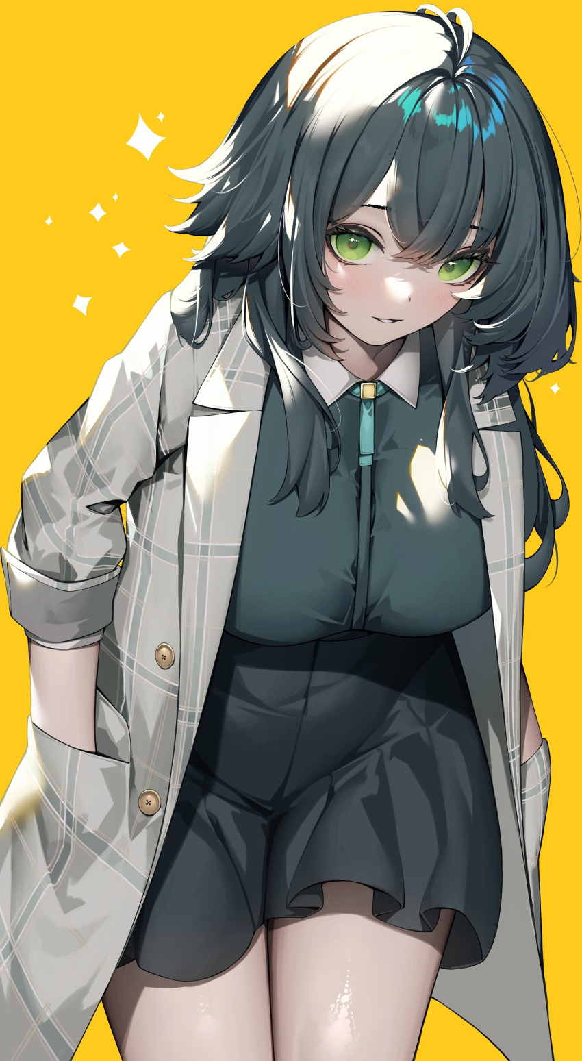 1girl, absurdres, aoi_gorilla, commentary_request, dress, green_eyes, green_hair, green_skirt