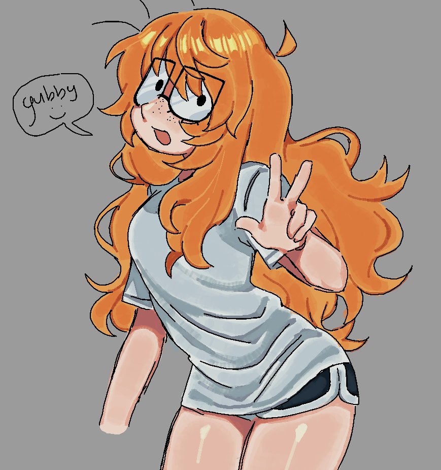 1girl, :d, commentary, dolphin_shorts, english_commentary, english_text, freckles, glasses, grey_background, hair_down, kibyland, long_hair, looking_at_viewer, messy_hair, open_mouth, orange_hair, original, roblox_(medium), shiny_skin, shirt, shorts, smile, solid_circle_eyes, solo, speech_bubble, stephanie_finch_(kibyland), w, white_shirt