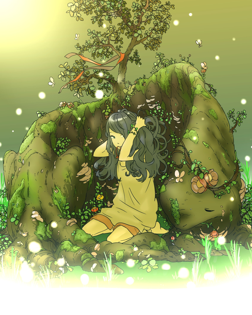 adjusting_hair, bad_id, barefoot, black_hair, bunching_hair, butterfly, creature, flower