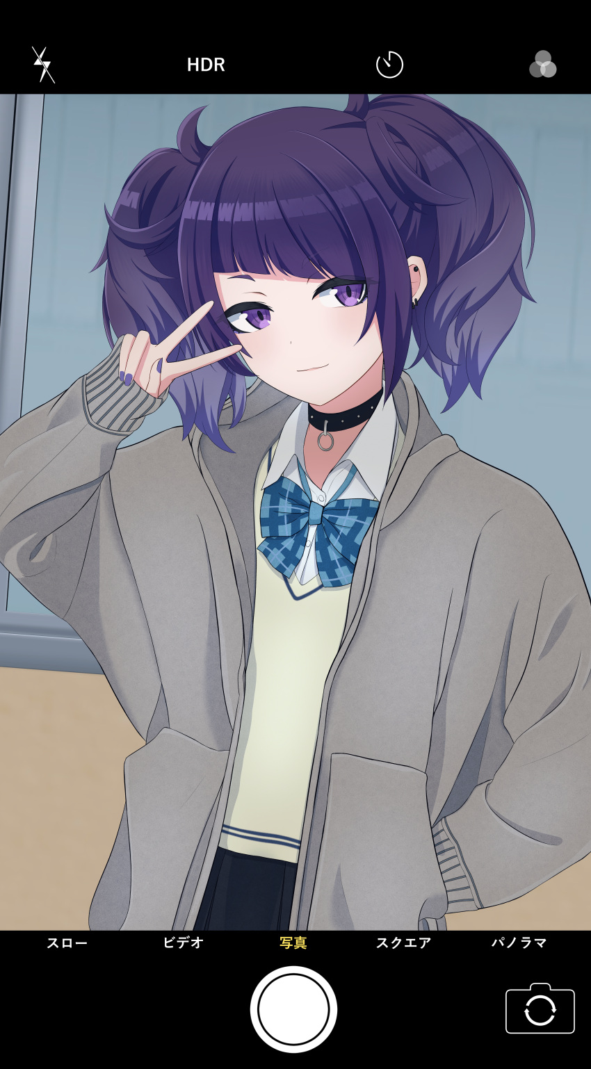 absurdres, black_skirt, bow, bowtie, collar, commentary_request, ear_piercing, highres