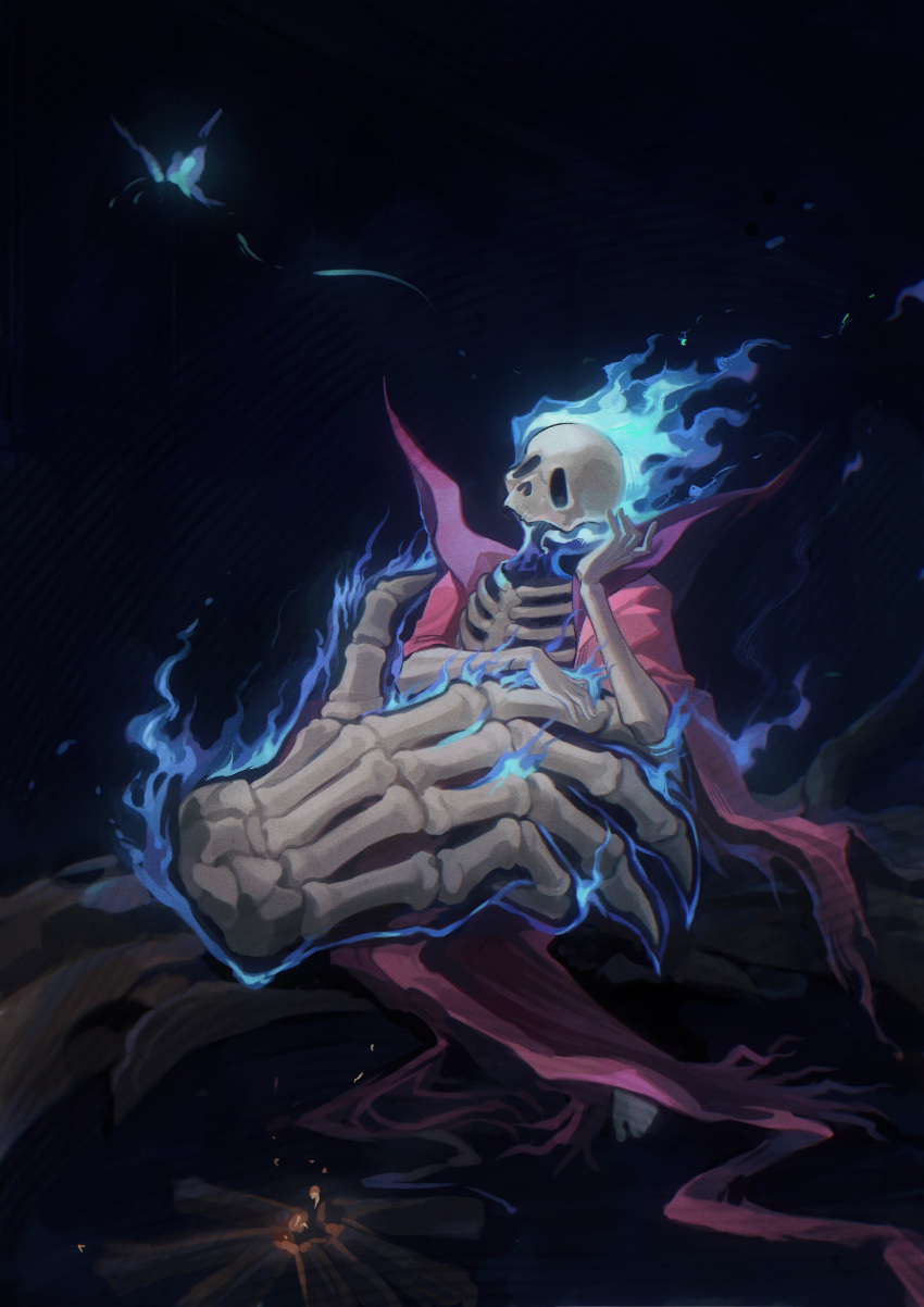 1girl, absurdres, blue_fire, campfire, fire, flaming_head, flaming_skull, giant_hand