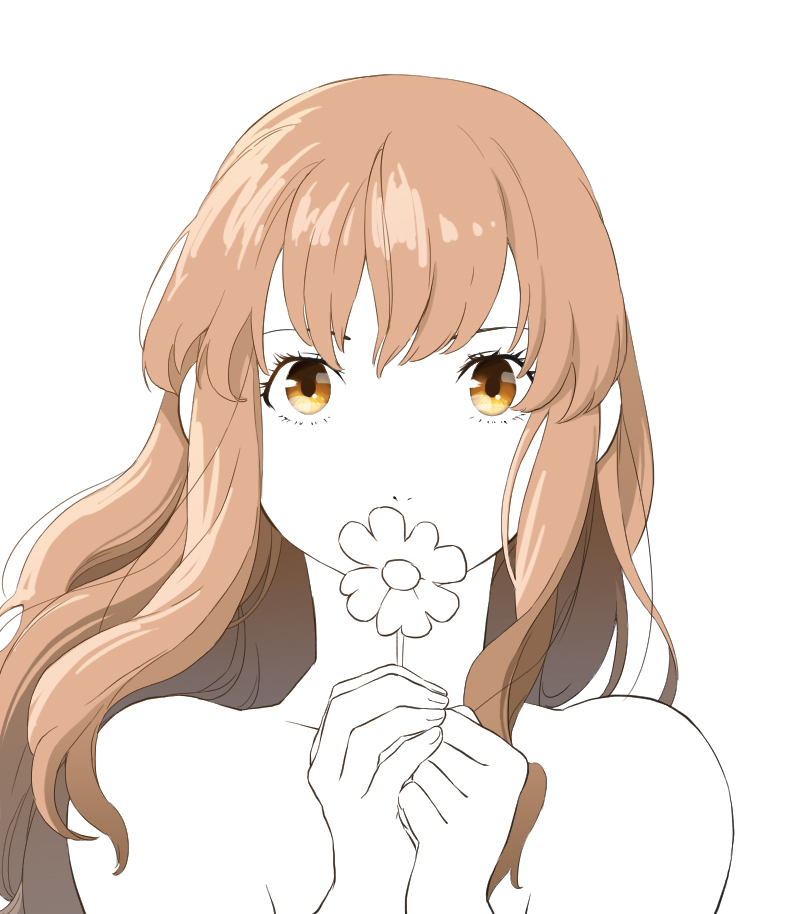 1girl, bare_shoulders, brown_eyes, brown_hair, commentary_request, flower, holding, holding_flower