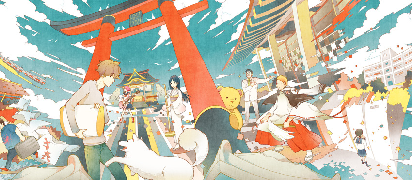 4boys, ame_(conronca), bird, black_hair, blonde_hair, braid, broom, brown_hair, clothes, cloud, conronca, dog, door, formal, glasses, gohei, guitar, highres, hirune_no_kamisama, instrument, jacket_on_shoulders, japanese_clothes, kimono, long_hair, multiple_boys, multiple_girls, pillow, red_hair, redhead, running, school_uniform, serafuku, shide, shimenawa, short_hair, shrine, sky, smile, standing, stuffed_animal, stuffed_toy, suit, suitcase, surreal, teddy_bear, torii, train, twin_braids