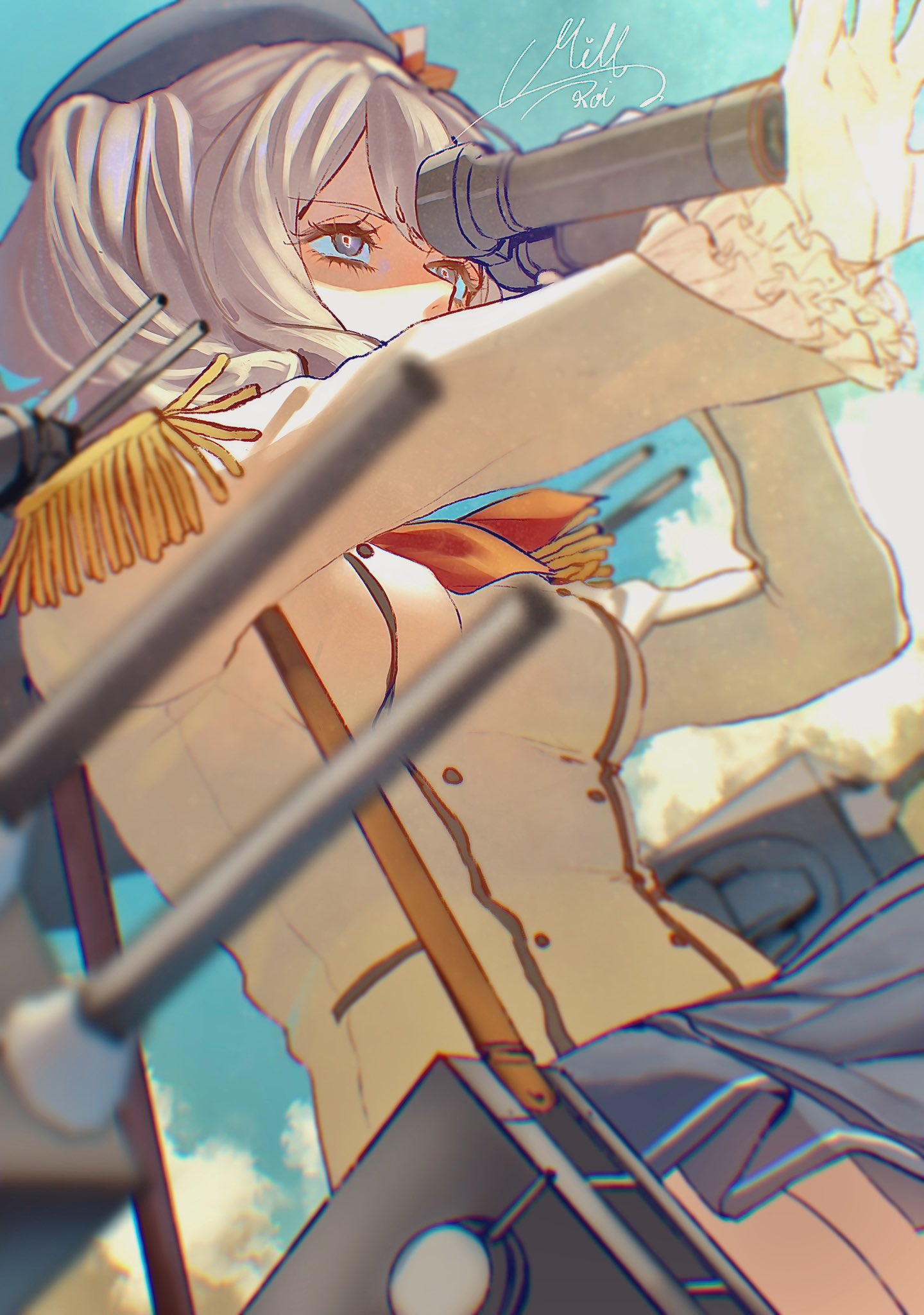 1girl, beret, binoculars, blue_eyes, blue_sky, blurry, clouds, commentary_request, cowboy_shot, depth_of_field, epaulettes, frilled_sleeves, frills, gloves, grey_hair, grey_skirt, hat, highres, jacket, kantai_collection, kashima_(kancolle), military_jacket, military_uniform, millroi1000, skirt, sky, solo, twintails, wavy_hair, white_gloves