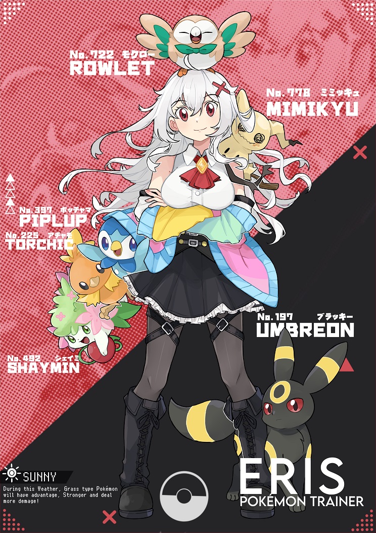 1girl, ahoge, arms_under_breasts, ascot, bare_shoulders, belt, black_boots, black_corset, black_pantyhose, black_skirt, blue_jacket, boots, breasts, brooch, character_name, collared_shirt, commission, corset, creature_request, crossed_arms, crossed_belts, detached_sleeves, erispheria, floating_hair, fold-over_boots, frilled_skirt, frills, full_body, hair_ornament, halftone, halftone_background, indie_virtual_youtuber, jacket, jewelry, knee_boots, lace-up_boots, long_hair, looking_at_viewer, medium_breasts, mimikyu, multicolored_jacket, off_shoulder, pantyhose, pink_jacket, piplup, pluffishi, pokedex_number, pokemon, pokemon_(creature), pokemon_team, red_ascot, red_eyes, rowlet, second-party_source, shaymin, shaymin_(land), shirt, skirt, sleeveless, sleeveless_shirt, smile, solo, spanish_commentary, standing, thigh_belt, thigh_strap, torchic, umbreon, virtual_youtuber, white_hair, white_sleeves, wing_collar, x_hair_ornament, yellow_jacket, zoom_layer