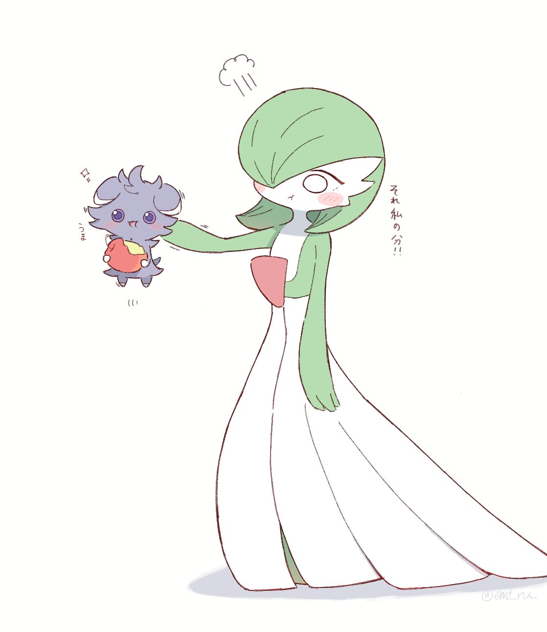 2others, apple, blush, bob_cut, colored_skin, commentary_request, dress, eating, emofuru_(vktd5442), espurr, food, fruit, gardevoir, green_hair, green_skin, hair_over_one_eye, highres, holding, holding_food, holding_fruit, multicolored_skin, multiple_others, pokemon, pokemon_(creature), pout, purple_fur, simple_background, two-tone_skin, violet_eyes, white_background, white_dress, white_skin