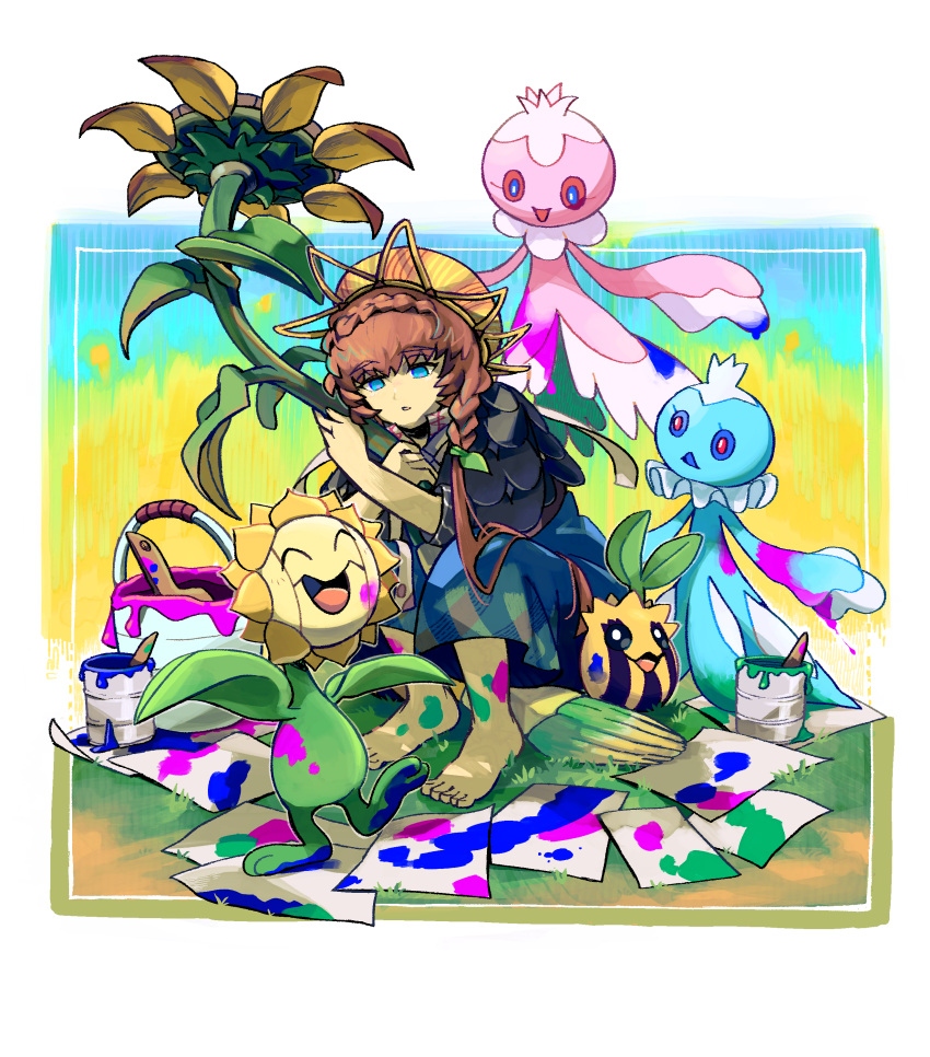 1girl, absurdres, barefoot, blue_eyes, blue_pants, border, braid, brown_hair