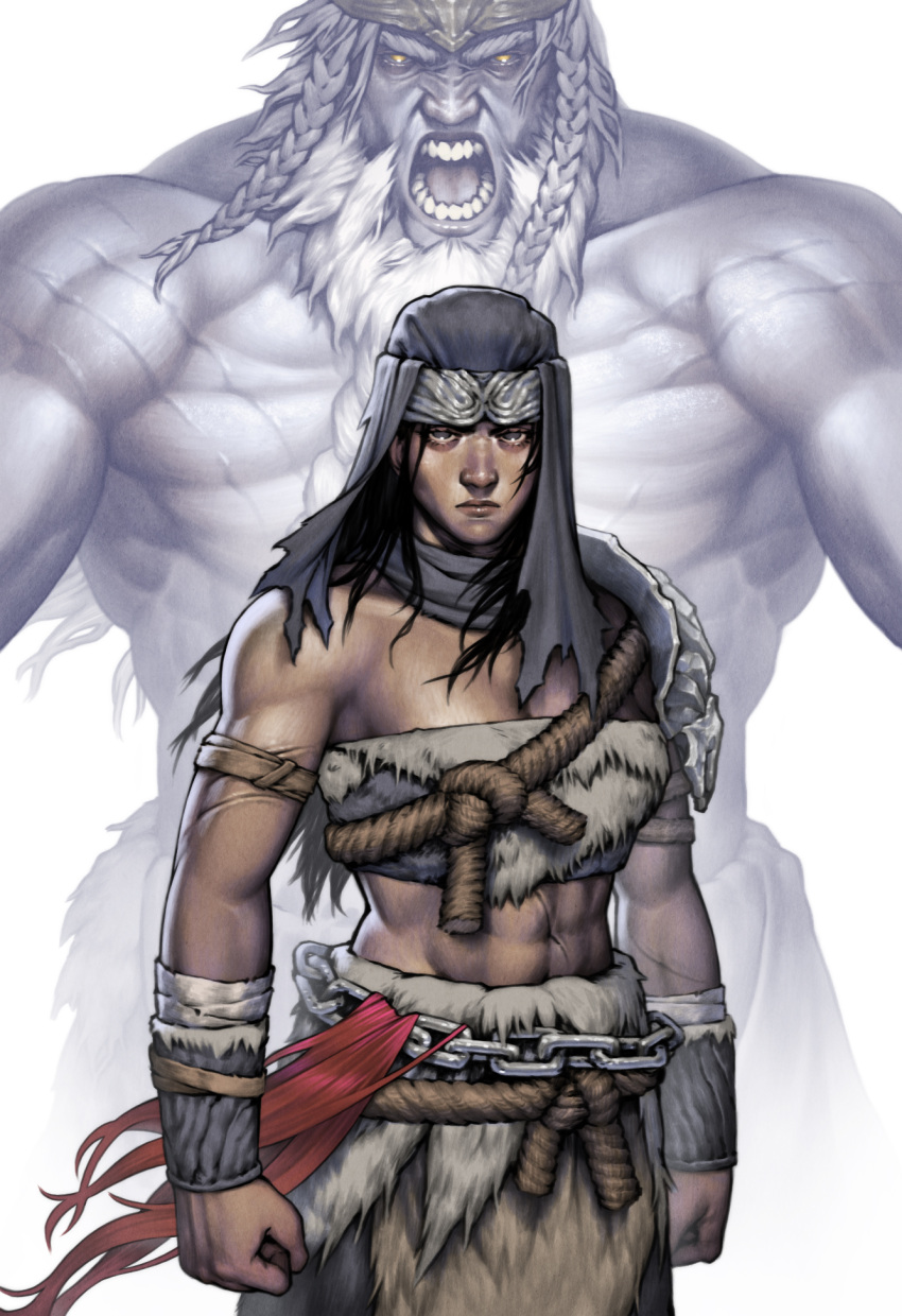 1boy, 1girl, 2024, angry, armor, beard, black_hair, closed_mouth