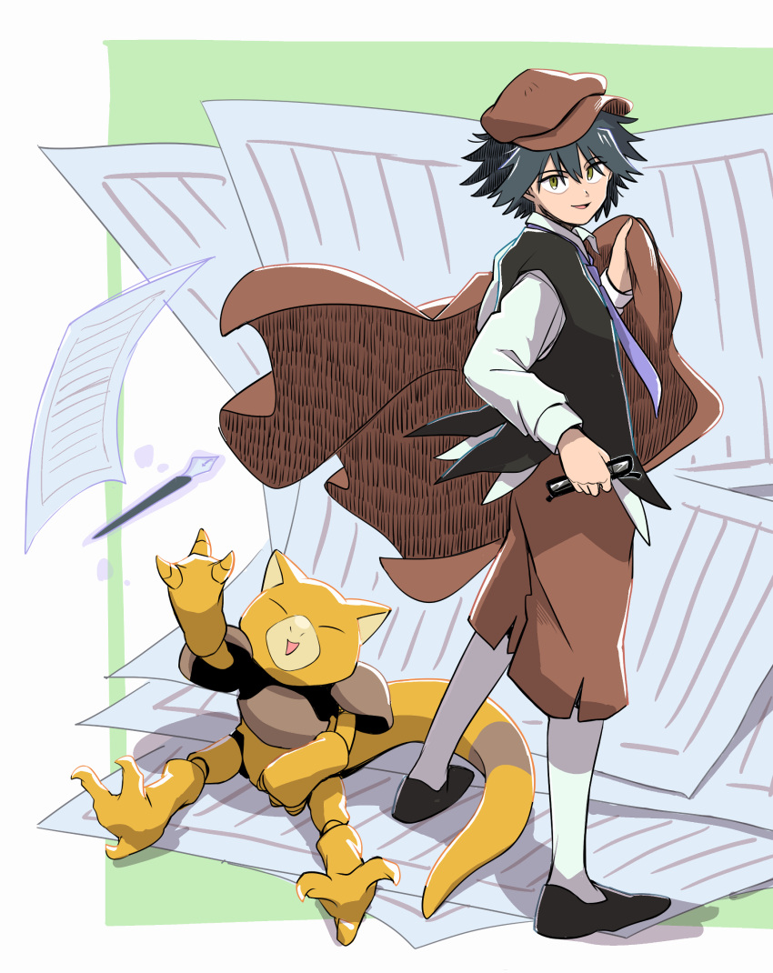 1boy, 1other, abra, black_hair, black_shoes, brown_hat, brown_pants, bungou_stray_dogs