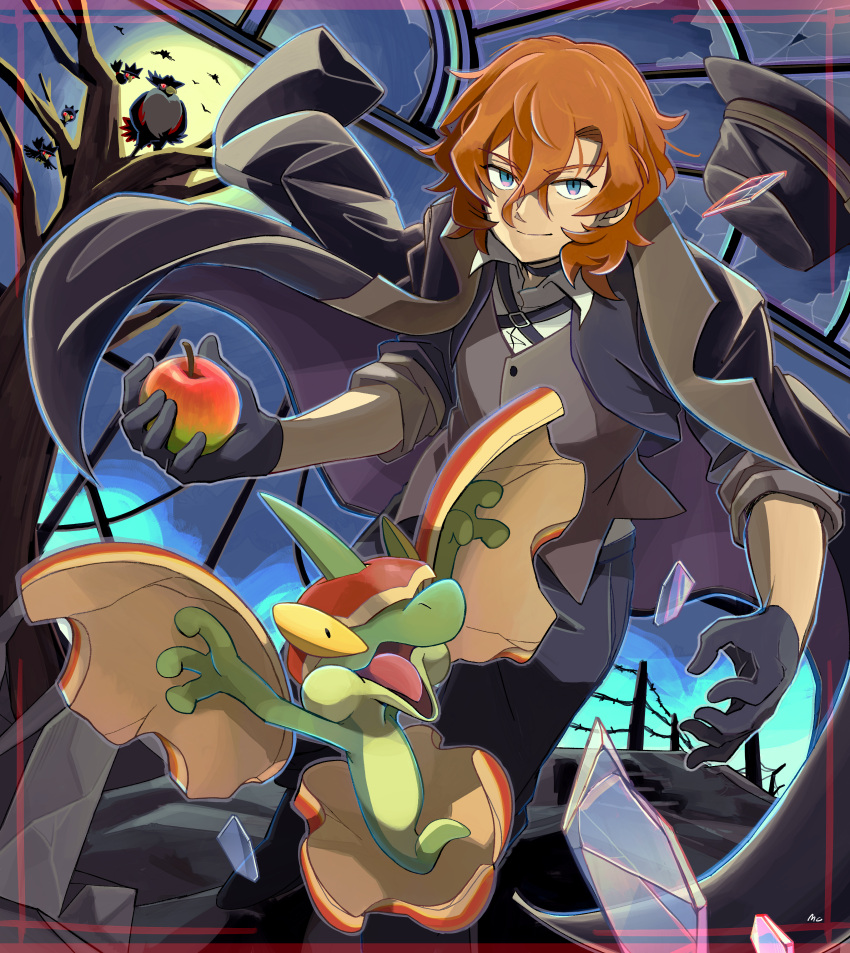 1boy, absurdres, apple, black_gloves, blue_eyes, brown_hair, bungou_stray_dogs, closed_mouth, commentary_request, crossover, flapple, food, fruit, gloves, grey_vest, hair_between_eyes, highres, holding, holding_food, holding_fruit, honchkrow, jacket, jacket_on_shoulders, looking_at_viewer, male_focus, nakahara_chuuya_(bungou_stray_dogs), pokemon, pokemon_(creature), sim_sb_(pixiv121308470), vest