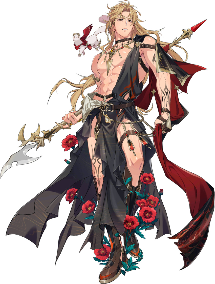 1boy, abs, ancient_greek_clothes, animal, arm_tattoo, armlet, bags_under_eyes, bare_pectorals, bare_shoulders, belt, blonde_hair, boots, bracelet, brown_boots, cape, chiton, choker, cloak, clothed_animal, ermine, ferret, fingerless_gloves, flower, full_body, gem, gloves, gold_ring, greco-roman_clothes, highres, holding, holding_polearm, holding_weapon, infinity_alpha_studio, jewelry, large_pectorals, long_hair, male_focus, multiple_belts, muscular, muscular_male, navel, necklace, nipples, nu_carnival, official_alternate_costume, official_alternate_hairstyle, official_art, orange_eyes, pectorals, pelvic_curtain, polearm, poppy_(flower), quincy_(countless_conquests)_(nu_carnival), quincy_(nu_carnival), red_cloak, red_flower, shoes, simple_background, standing, tachi-e, tattoo, thigh_strap, third-party_source, toga, topper_(nu_carnival), waist_cape, wavy_hair, weapon, weasel, yellow_gem