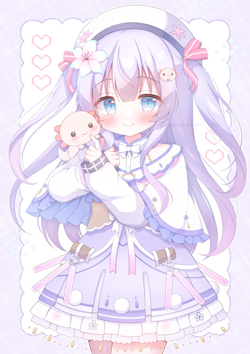 1girl, blue_eyes, commentary_request, commission, flower, hair_ornament, hanasakichu, highres, indie_virtual_youtuber, long_hair, mei_miyuri, skeb_commission, smile, variant_set, virtual_youtuber