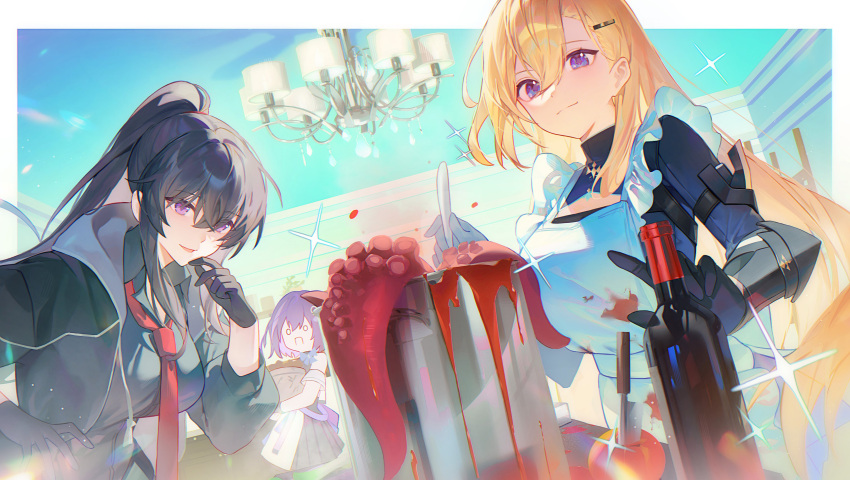 absurdres, apron, asherah_(star_savior), black_hair, blonde_hair, bottle, counter:side, hair_between_eyes, highres, long_hair, octopus, ponytail, purple_hair, shotgunman, star_savior, violet_eyes, white_apron, wine_bottle, yoo_mina