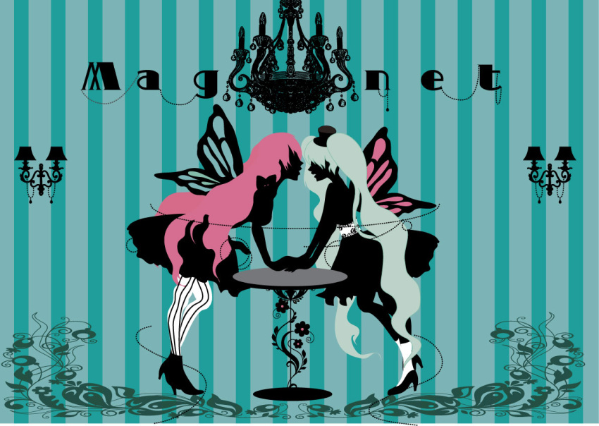 bad_id, butterfly_wings, flat_color, footwear, green_hair, hand_holding, hat, hatsune_miku