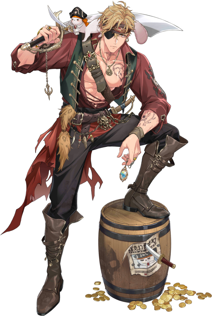 1boy, abs, animal, animal_on_shoulder, arm_tattoo, bags_under_eyes, barrel, belt, black_pants, blonde_hair, boots, brown_boots, chest_tattoo, clothed_animal, coin, dagger, earrings, ermine, eyepatch, ferret, full_body, gem, gold_coin, gold_ring, green_vest, hair_between_eyes, hat, headband, highres, holding, holding_sword, holding_weapon, infinity_alpha_studio, jewelry, knife, large_pectorals, male_focus, multiple_belts, muscular, muscular_male, necklace, nipple_slip, nipples, nu_carnival, official_alternate_costume, official_art, open_clothes, open_shirt, orange_eyes, over_shoulder, pants, pectorals, pendant, pirate_costume, pirate_hat, quincy_(nu_carnival), quincy_(perilous_tidewatcher)_(nu_carnival), red_shirt, ring, shirt, shoes, short_hair, shoulder_belt, simple_background, standing, stepping_on_object, sword, tachi-e, tattoo, third-party_source, topper_(nu_carnival), torn_clothes, transparent_background, veins, veiny_arms, vest, wanted_poster, weapon, weapon_over_shoulder, weasel, yellow_gem