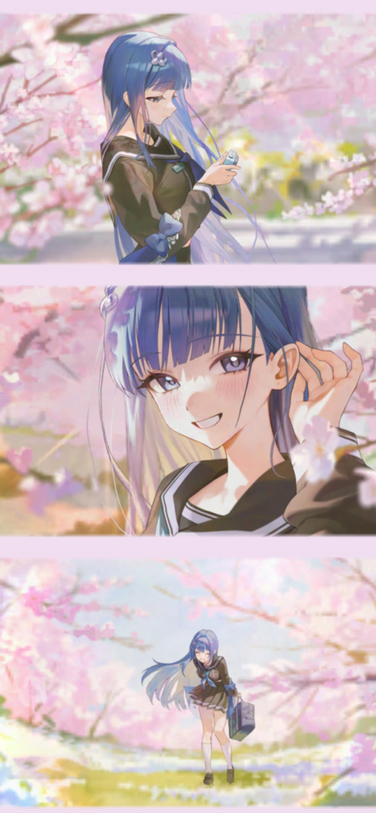 absurdres, adjusting_hair, arcana_(fortune_mate)_(nikke), arcana_(nikke), bag, blue_eyes, blue_hair, blunt_bangs, blurry, blurry_background, blurry_foreground, blush, cherry_blossoms, commentary_request, game_cg, goddess_of_victory:_nikke, hair_ornament, highres, long_hair, long_sleeves, official_art, pleated_skirt, sailor_collar, school_bag, school_uniform, skirt, smile, socks, tigermtang, white_socks