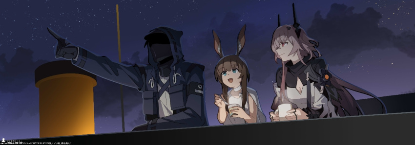 1other, 2girls, amiya_(arknights), amiya_(young)_(arknights), animal_ears, arknights, black_dress, black_gloves, black_horns, black_jacket, blue_eyes, brown_hair, cleavage_cutout, clothing_cutout, clouds, cloudy_sky, cup, doctor_(arknights), dress, gloves, holding, holding_cup, hood, hood_up, hooded_jacket, horns, jacket, long_hair, long_sleeves, mask, mochusama, mug, multicolored_dress, multiple_girls, night, open_clothes, open_jacket, pink_eyes, pink_hair, rabbit_ears, rabbit_girl, sky, star_(sky), starry_sky, theresa_(arknights), white_dress